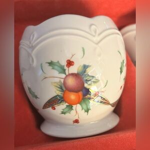 Lenox Holiday Tartan Porcelain Votive Candle holder or vase w fruit holly ribbon